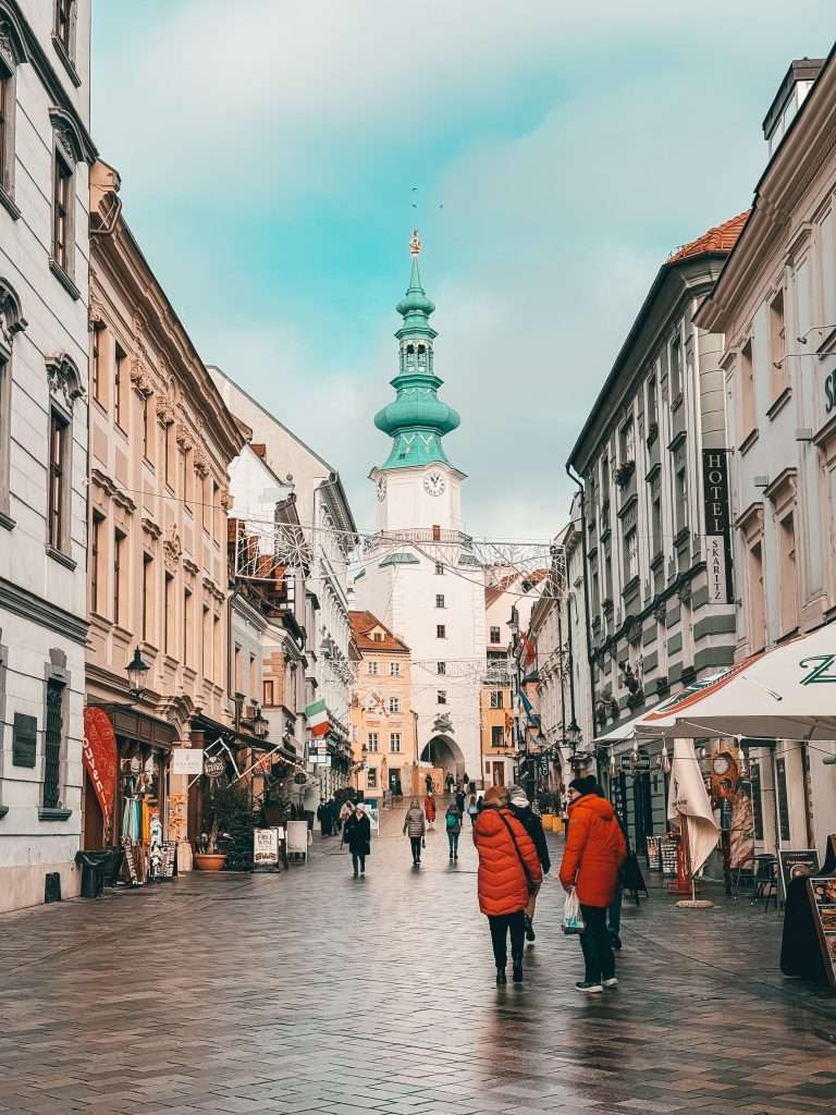 The main square in Bratislava during Christmas, featuring festive decorations,
