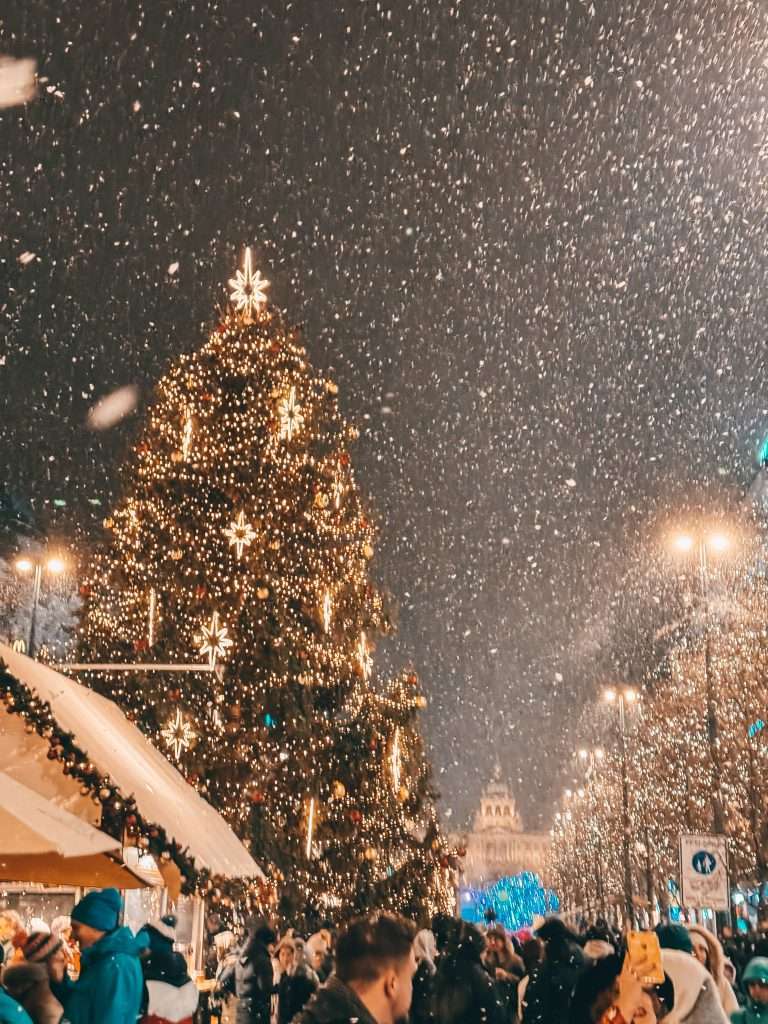 Prague at night during Christmas, illuminated with festive lights and decorations Snow falling Large Christmas tree Seeds of Travel