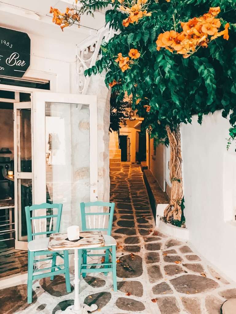 Streets of Parikia Paros and gorgeous flowers