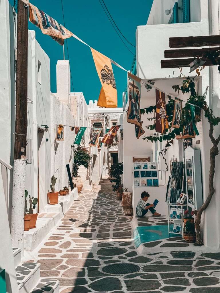 Cobbled streets and shopping Naoussa Paros