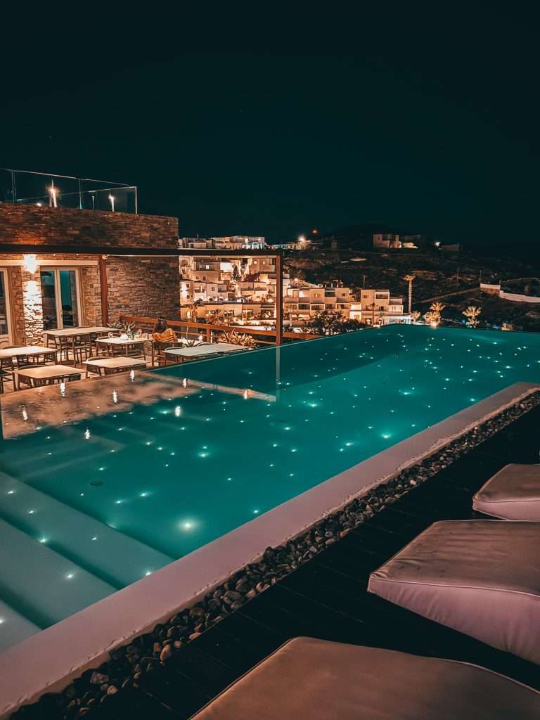 Senia Hotel Paros Greece Fairy lights in pool at night
