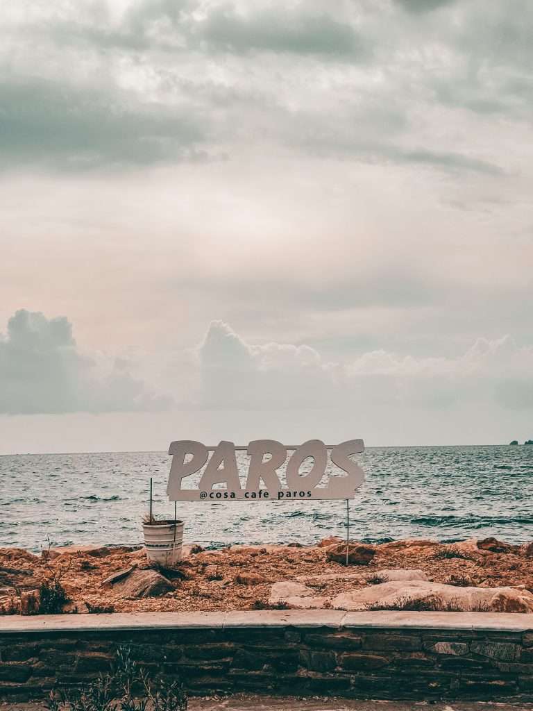 Paros sign on the waterfront in Parikia Port